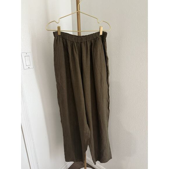 Flax Pants - Flax Jeanne Engelhart 100% Linen Pants Wide Leg Lagenlook Olive Coastal Sz L